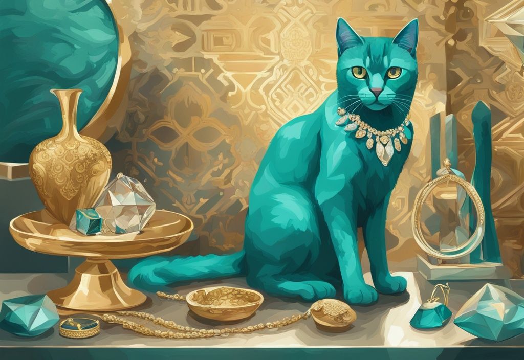 Exotic luxurious cat with teal color theme surrounded by diamonds and golden accessories in modern digital painting.