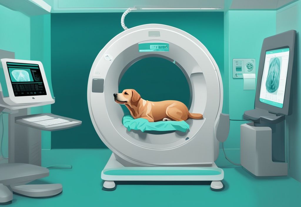 Teal-themed digital painting of a dog inside a CT scanner with price tag overlay, illustrating how much is a dog CT scan.