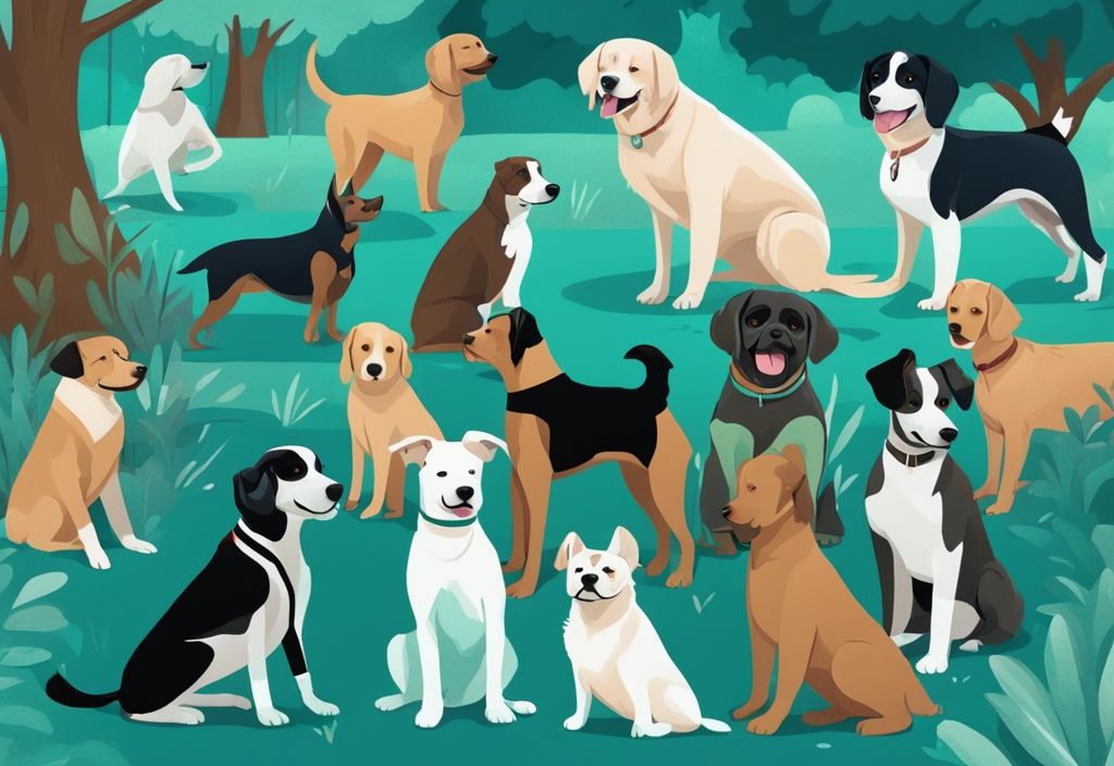 Modern digital painting of various dog breeds playing in a teal-themed park setting.