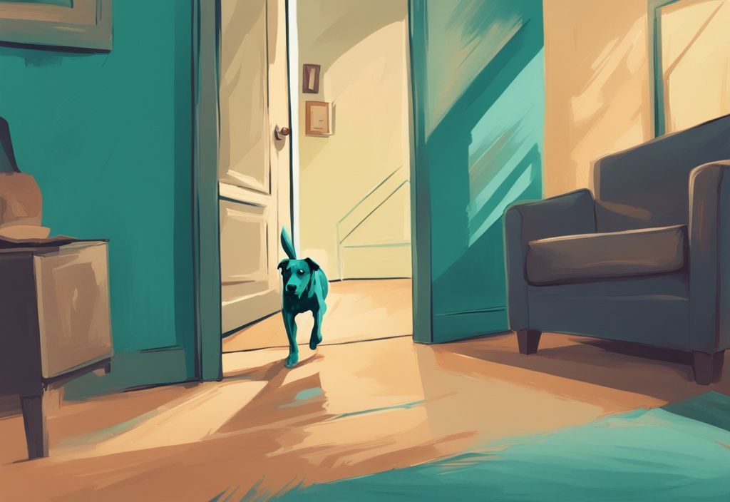 Digital painting of a dog behaving unusually in teal tones, chasing its tail, barking at an empty corner, hiding under furniture.