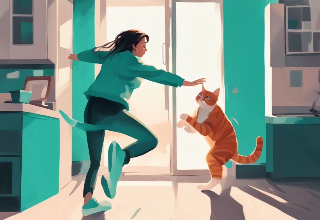 Modern digital painting of a teal-themed scene showing a cat mid-leap onto a perplexed owner bending forward, illustrating "why does my cat jump on my back" behavior.