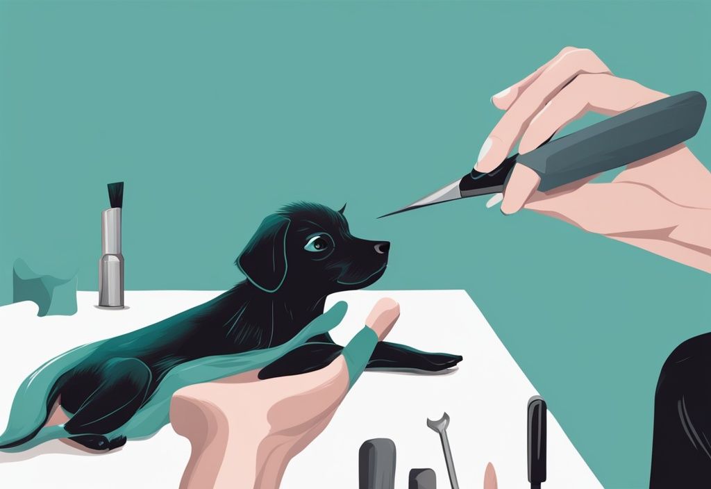 Modern digital painting of a hand trimming a black dog's nails with a specialized tool, illustrating how to cut dog nails that are black, with a teal color theme.