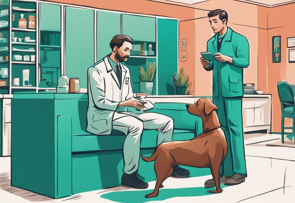 Veterinarian discussing with dog owner in serene room, dog resting near Benadryl box, illustrating how to euthanize a dog with Benadryl, modern digital painting in teal theme.