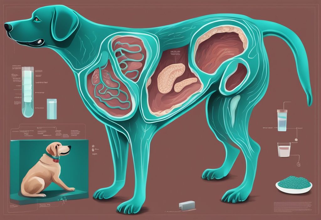 Illustrated diagram of a dog's digestive system in teal tones, highlighting a potential dog intestinal blockage.