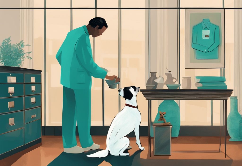 Modern digital painting of a veterinarian handing an urn with paw prints to a grieving dog owner in a teal-themed office, illustrating pet cremation.