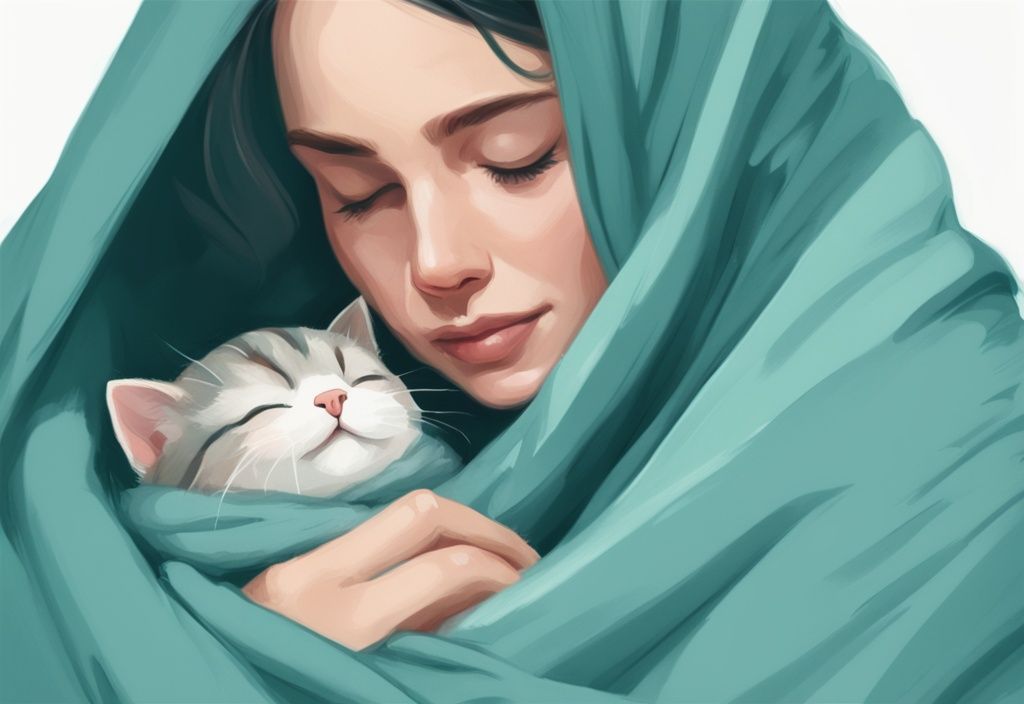 Modern digital painting of a person wrapping a relaxed cat in a baby-blue swaddle, teal color theme.