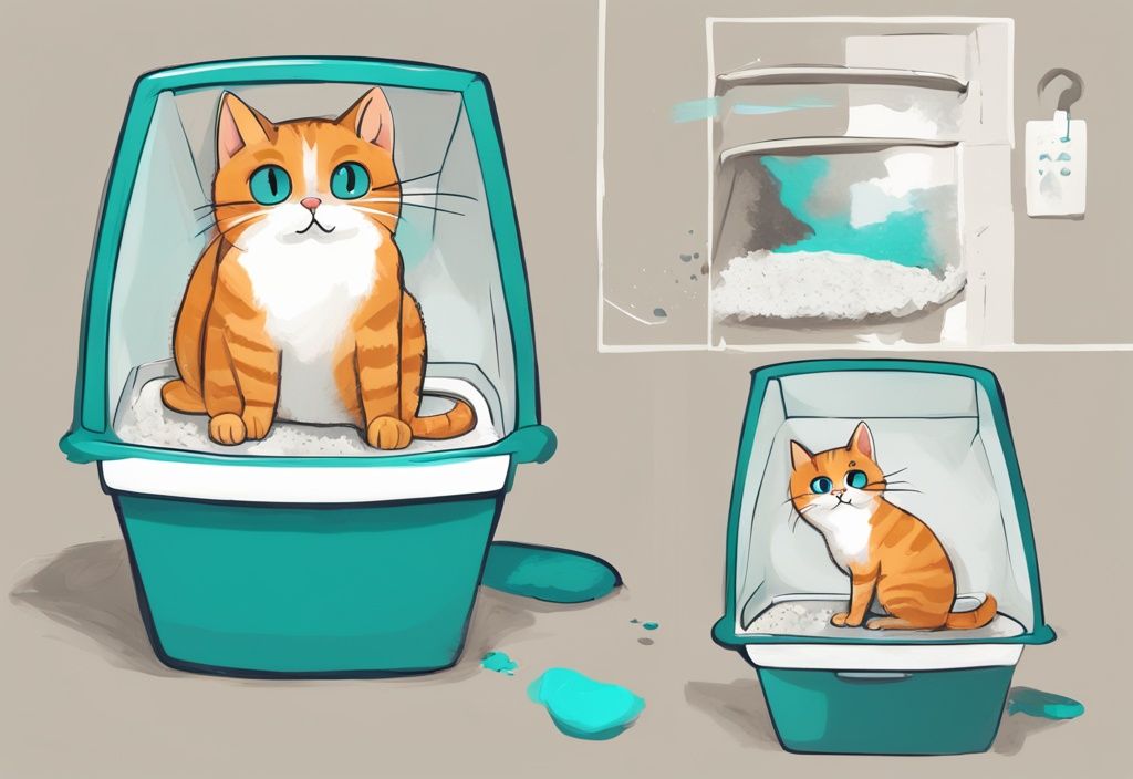 Illustrated guide on how to get my cat to cover his poop in a litter box, featuring a modern digital painting with a teal color theme showing a cat covering its waste.