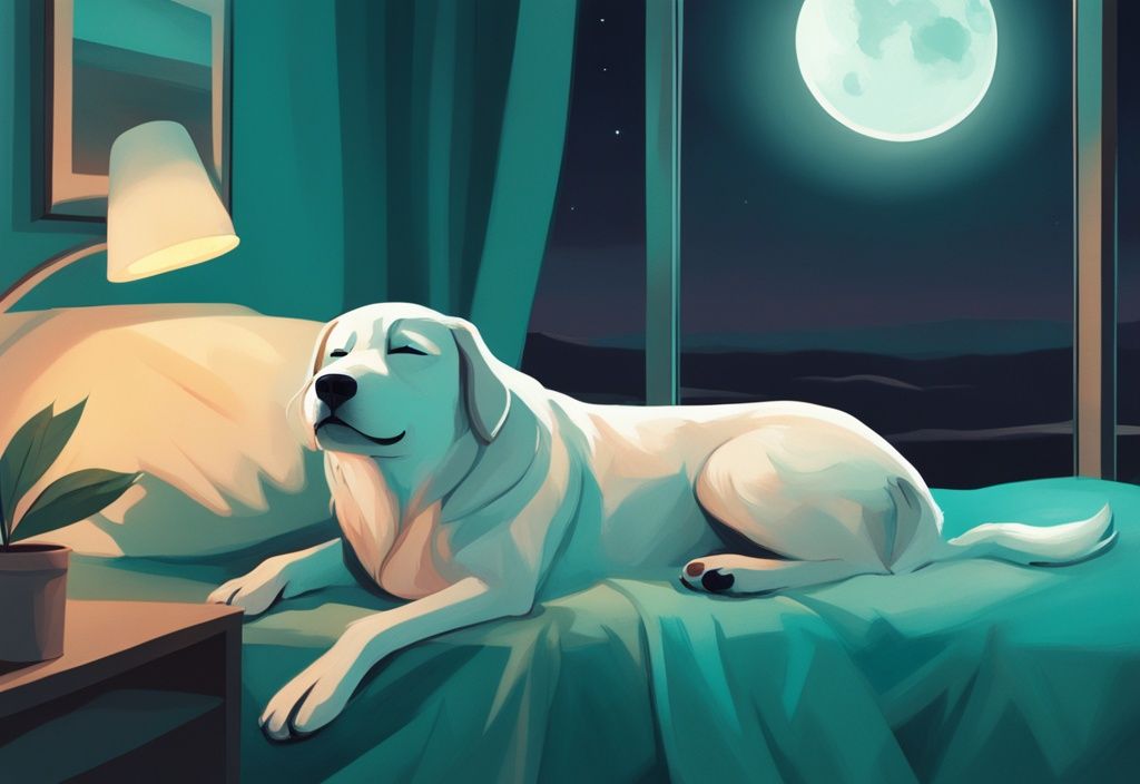 Teal-themed digital painting of a dog peacefully sleeping on a bed under moonlight, mouth slightly open as if softly howling at night.