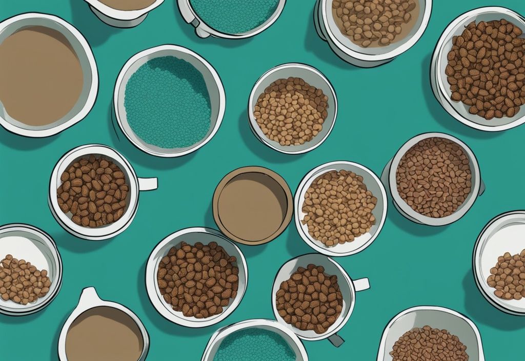 Modern digital painting illustration in teal showing how many cups in a pound of dog food, with individual cups displaying the amount.