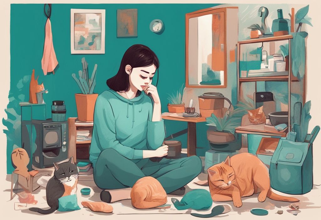 A modern digital painting of a concerned cat owner wondering why doesn't my cat meow, as her silent cat ignores stimulating toys and food, set in a teal color theme.