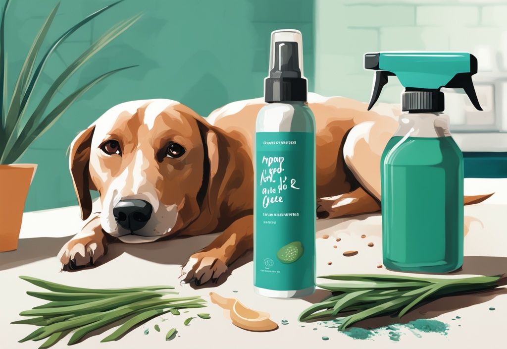 Digital painting of natural ingredients aloe vera, rosemary, apple cider vinegar, spray bottle, itch-free dog, teal color theme, homemade remedy.