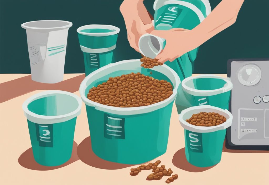 Digital painting of teal-themed dog food bag, measuring cups, pound indicators.