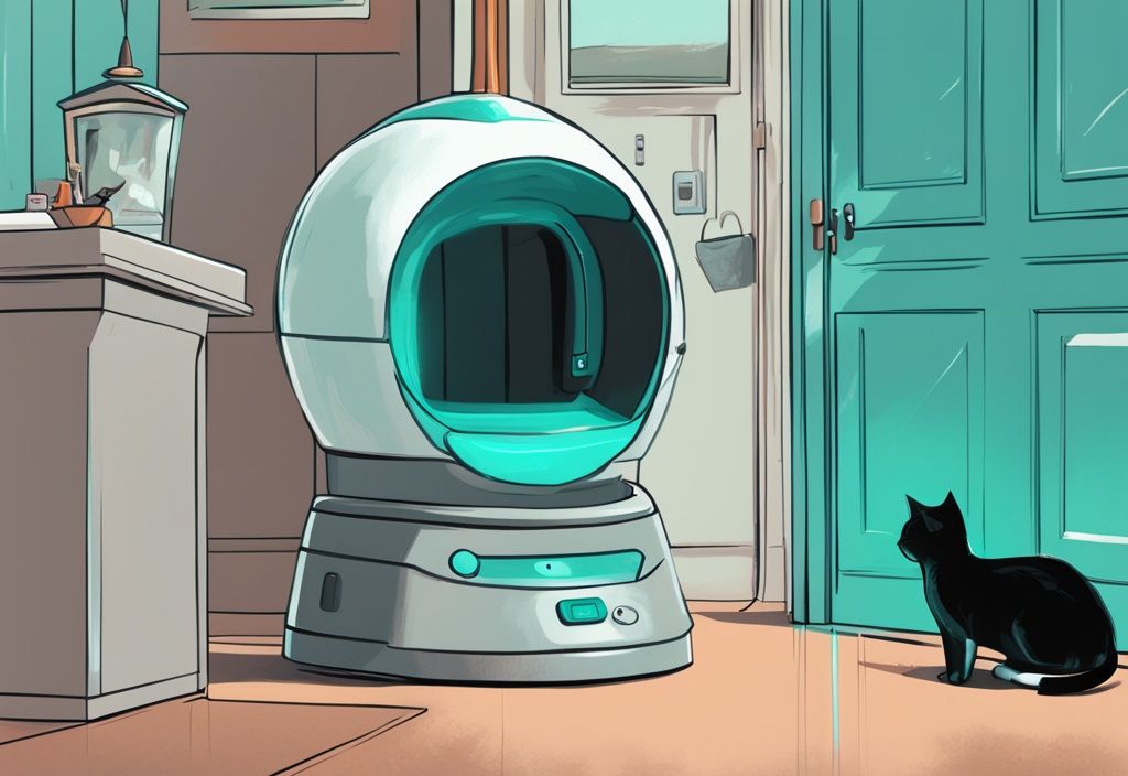 Curious cat exploring a high-tech litter robot with owner's guidance, illustrating how to get my cat to use the litter robot in a modern digital painting with a teal color theme.