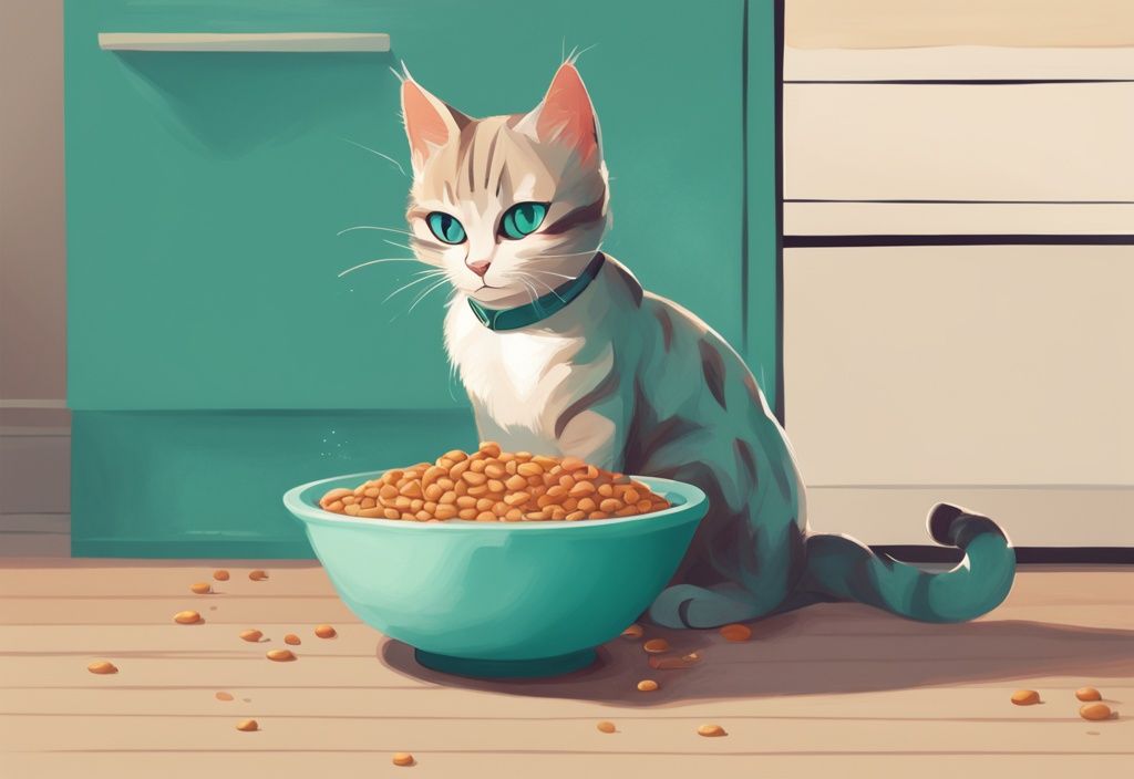 Modern digital painting of a teal-themed adorable cat meowing at a kibble-filled food bowl with a curious expression.