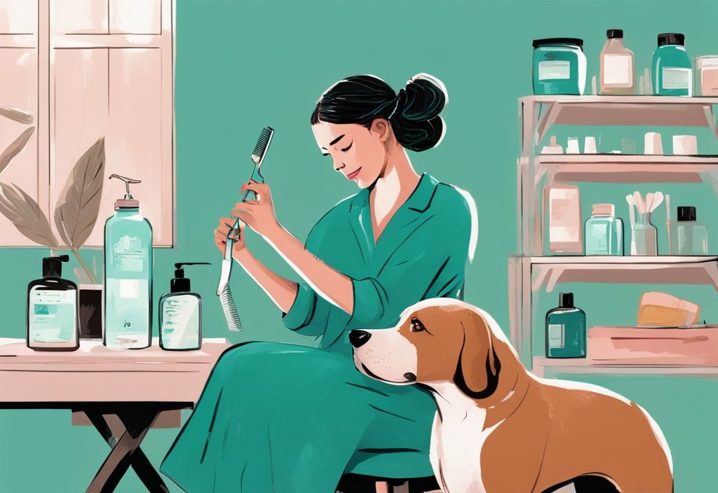 Digital painting of a dog being combed by owner with teal color theme and homemade remedy nearby