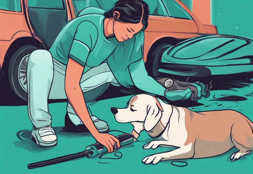 Digital painting of person cleaning car interior with vacuum, rubber gloves, and lint roller removing dog hair, teal color theme.