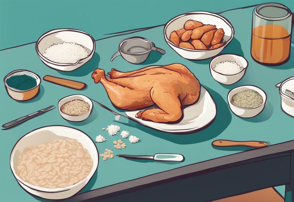 Modern digital painting illustrating how much chicken and rice for dog by weight, featuring a teal-themed visual guide with sliced chicken, rice scoops, and a ruler for scale on a table.