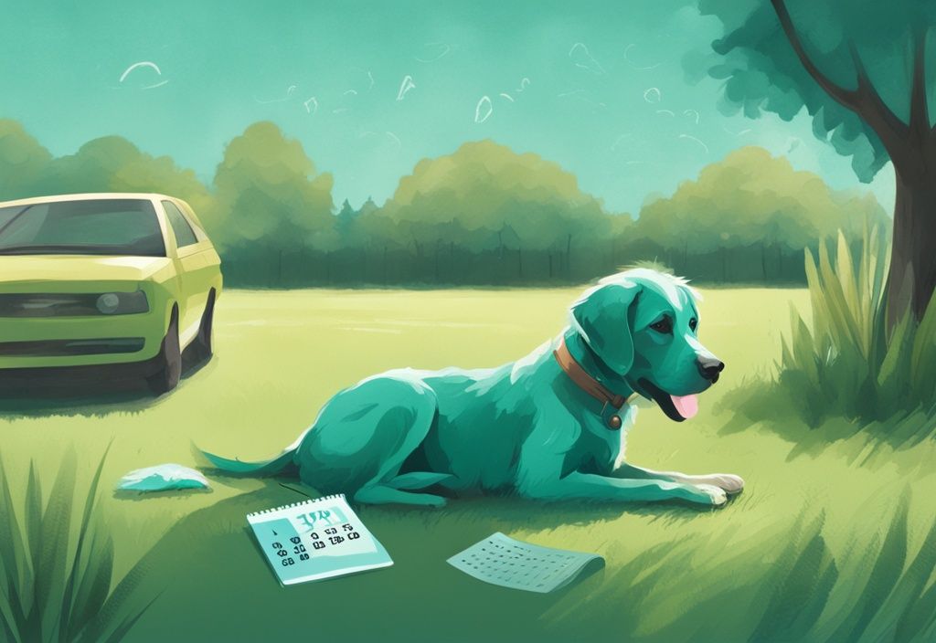 Modern digital painting illustrating how long after pesticide application is it safe for pets, featuring a teal-themed calendar highlighting the safety delay and a happy pet playing on the grass.