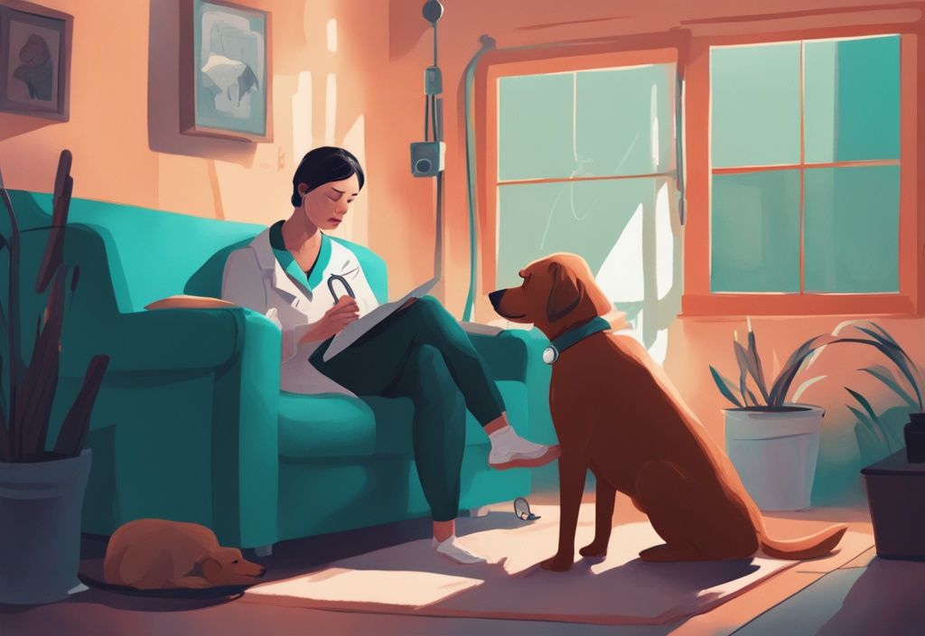 Modern digital painting of a sick dog with veterinarian and concerned owner in teal color theme.