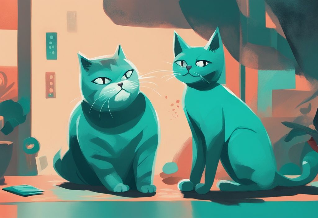 Digital painting of a playful winking cat in teal colors with amused owner.