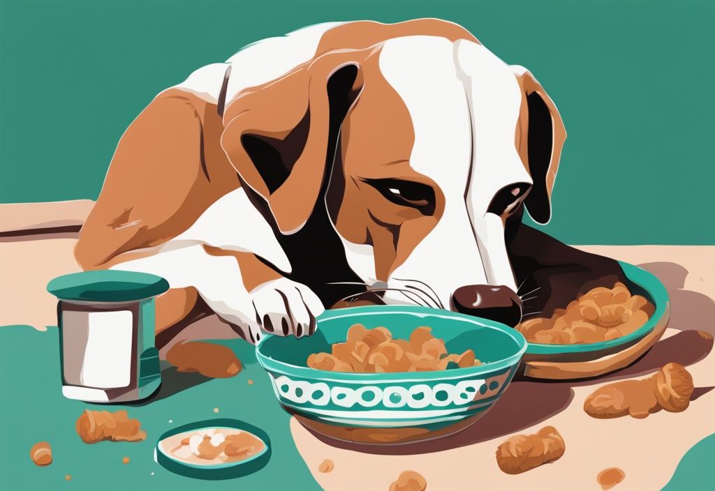 Digital painting of a dog ignoring food bowl for treat in teal color theme