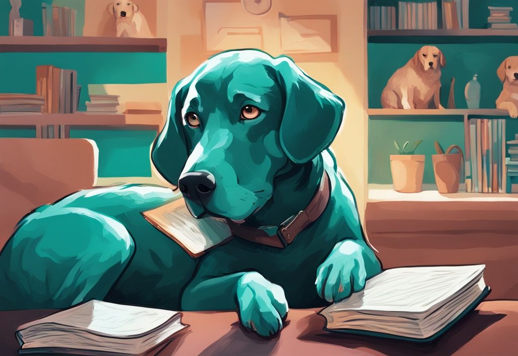 Teal-themed digital painting of a dog chewing on "Canine IQ" book with perplexed owner in background.