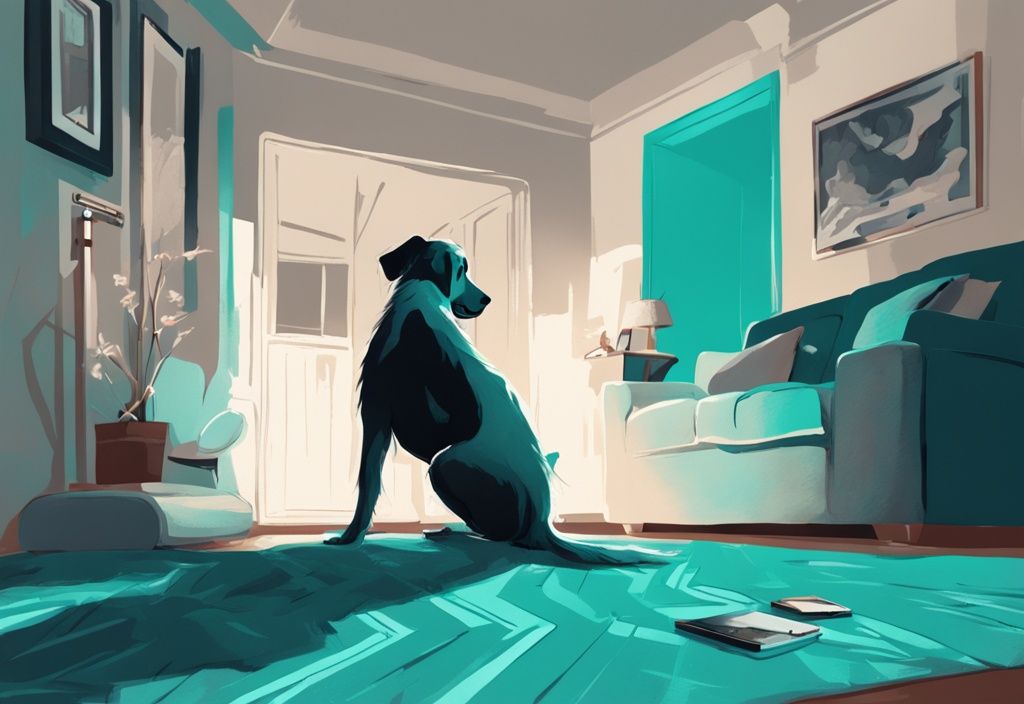 Frustrated dog scratching the carpet with puzzled owner watching, illustrating the theme of "why does my dog scratch the carpet" in a modern digital painting with teal color scheme.