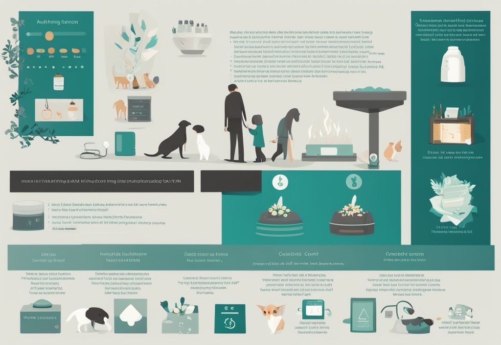 Modern digital painting illustration in teal showing cost breakdown for dog cremation with icons for crematorium, pet urn, and memorial services; keyword: how much does it cost to cremate a dog.