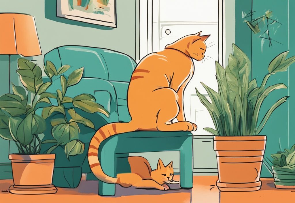 Modern digital painting of an anxious orange tabby cat by a plant pot, with its owner searching 'why is my male cat peeing everywhere and meowing so much' on their phone in a teal-themed living room.