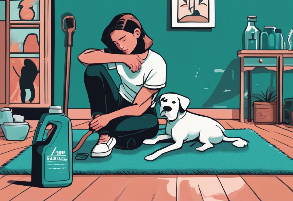 Illustration of a person scrubbing a carpet with a dog nearby and carpet cleaner bottle, demonstrating how to get dog smell out of a carpet in a teal-themed digital painting.