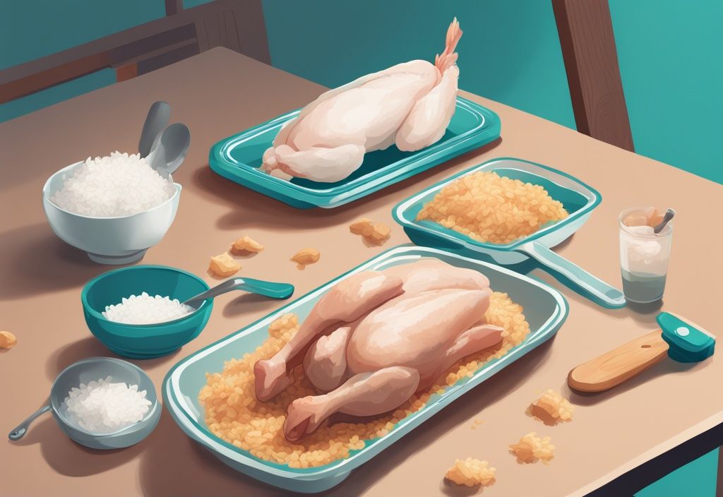 Modern digital painting showing how much chicken and rice for dog by weight, featuring a visual guide with sliced chicken, rice scoops, and a ruler on a table for different dog sizes, in a teal color theme.