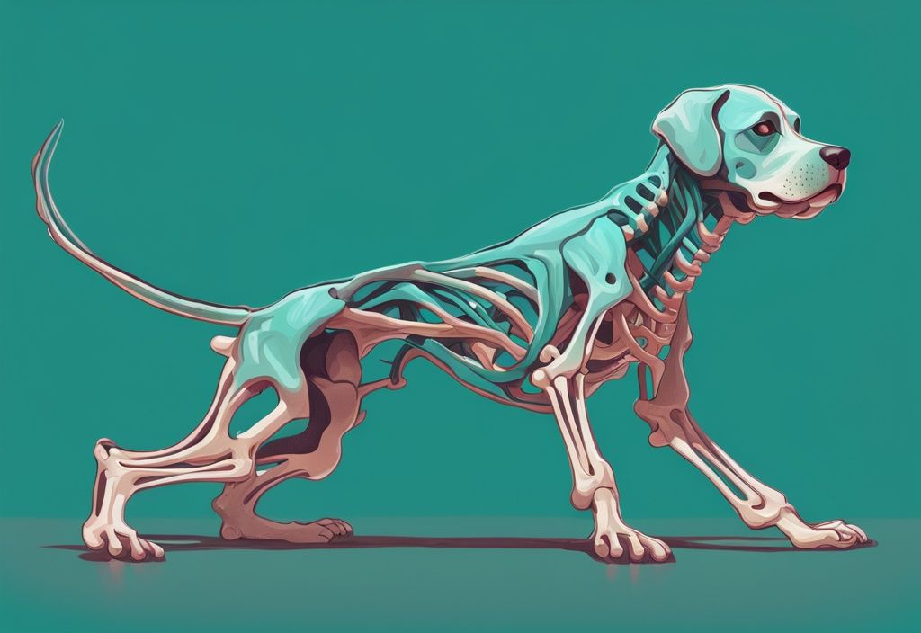 Modern digital painting of a playful dog with teal theme and skeletal structure overlay.