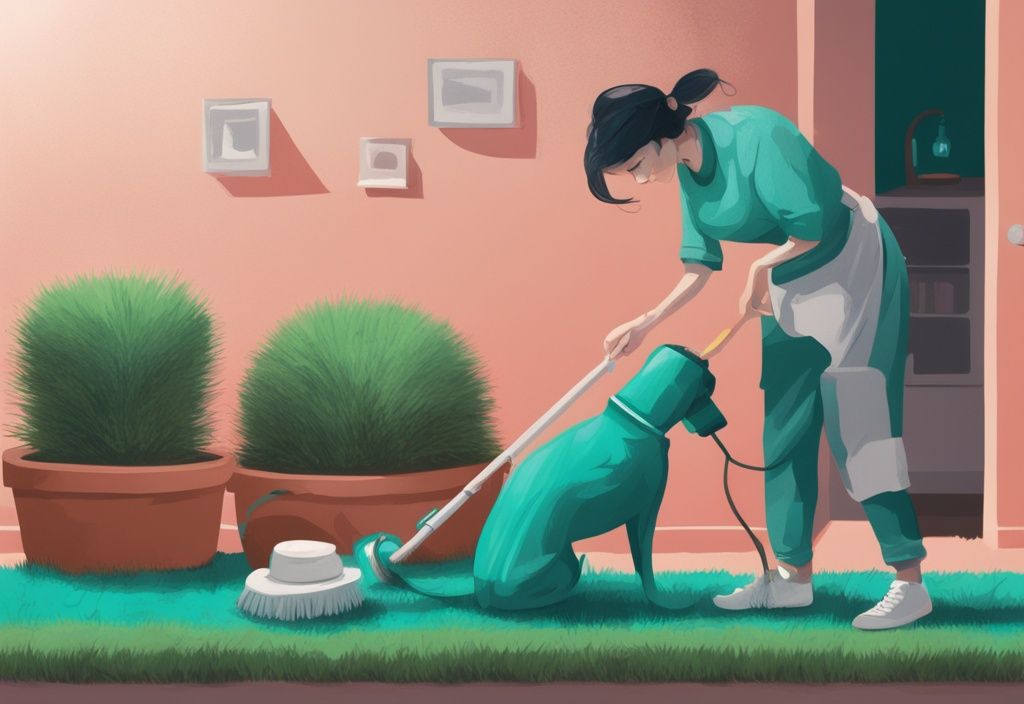 Modern digital painting of a person cleaning turf with household items, observed by a small dog; how to clean turf from dog pee.