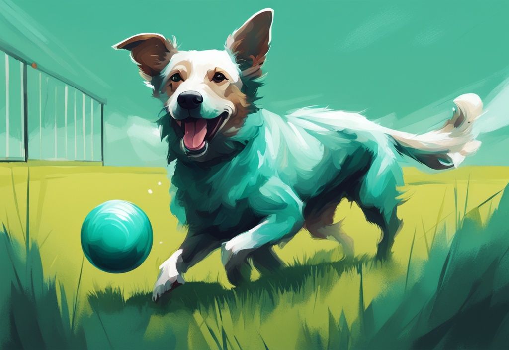 Modern digital painting of a unique dog with a shortened spine playing with a ball in a teal-themed grassy park.