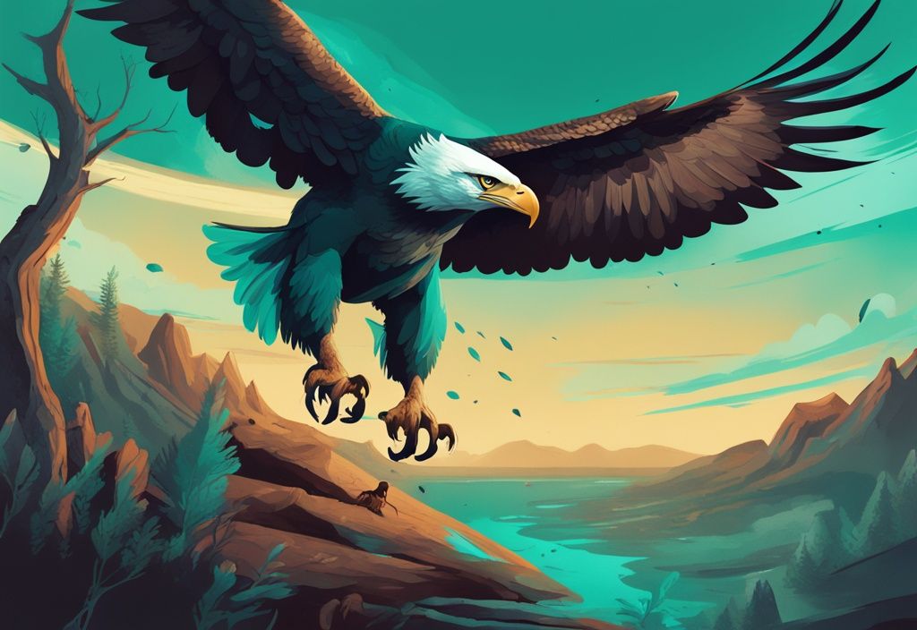 Modern digital painting of a teal-themed wild environment showing a majestic eagle swooping down on its prey, illustrating what eats a dog in nature's circle of life.