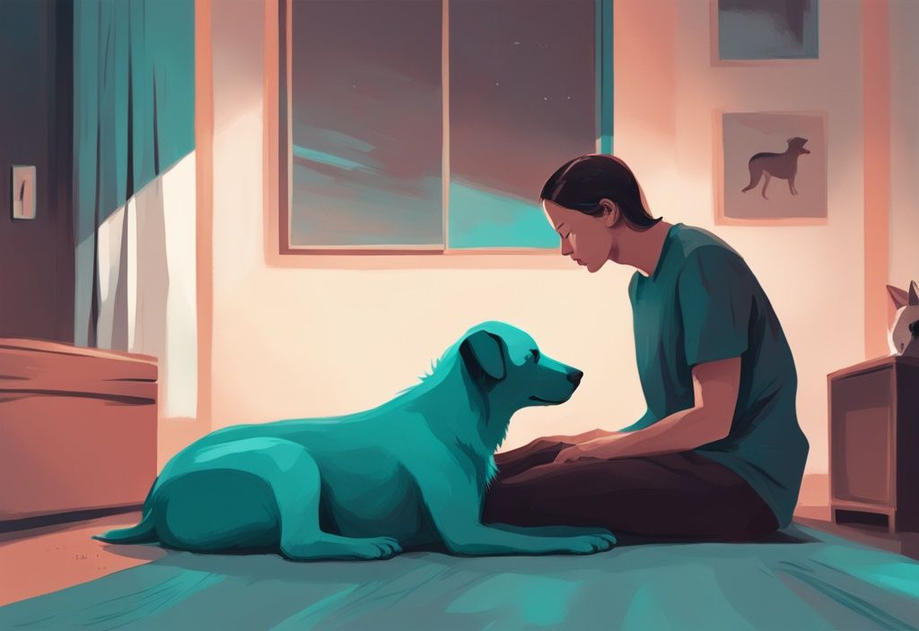 Modern digital painting of a teal-themed scene depicting a dog howling in his sleep with a concerned owner observing, addressing the question: why is my dog howling in his sleep.