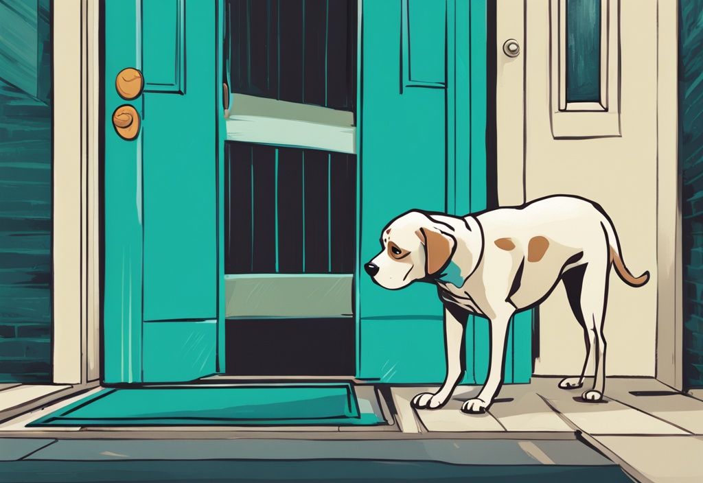 A perplexed dog inside struggles to fetch a ball outside a wide-open doggy door, illustrating the question, "why is my dog so dumb," in a modern digital painting with a teal color theme.