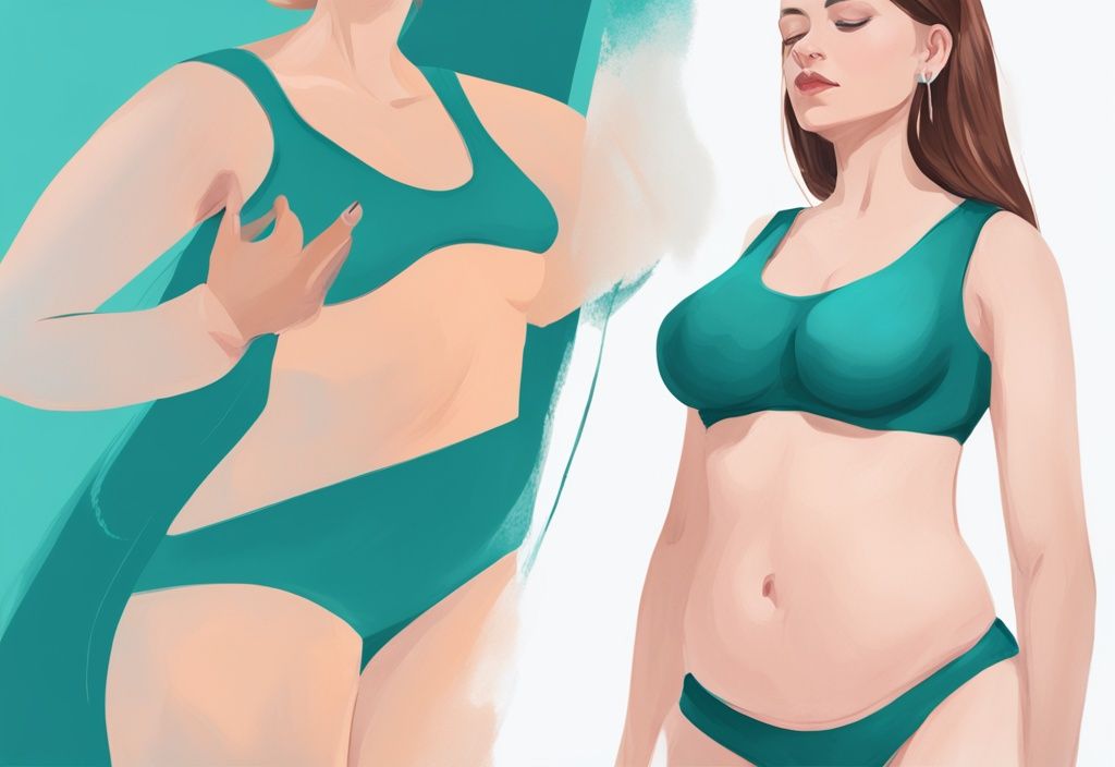 Modern digital painting of post-tummy tuck recovery with teal theme, highlighting slight protruding bulges known as "dog ears