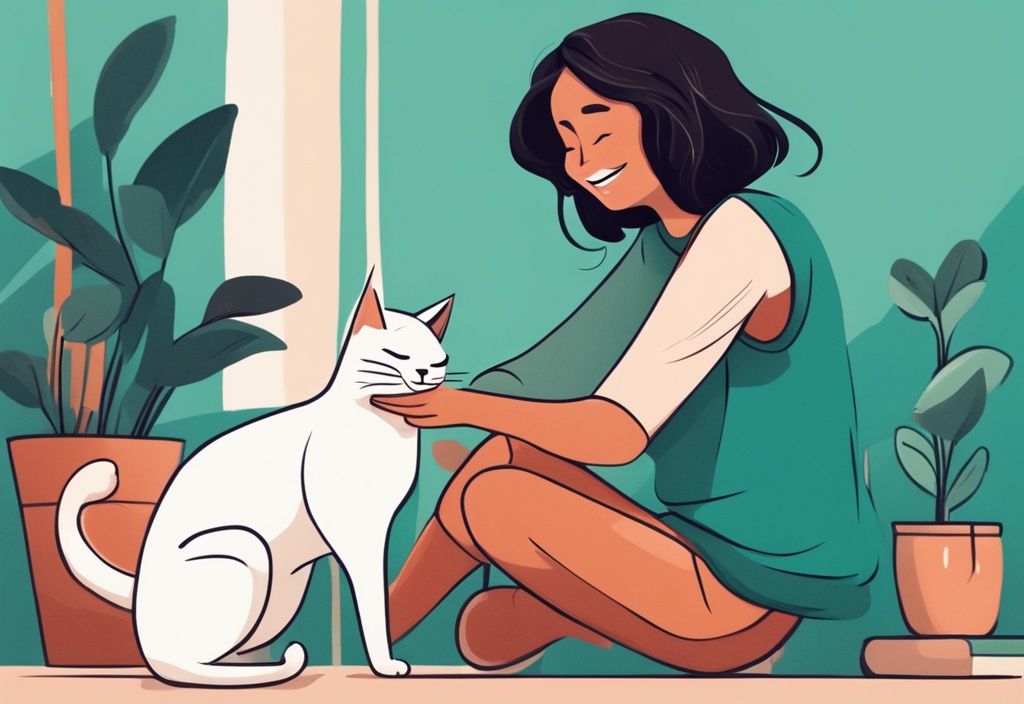 Modern digital painting of a smiling owner petting a cat; my cat gets erect when I pet him, depicted in a cute cartoon style with a teal color theme.