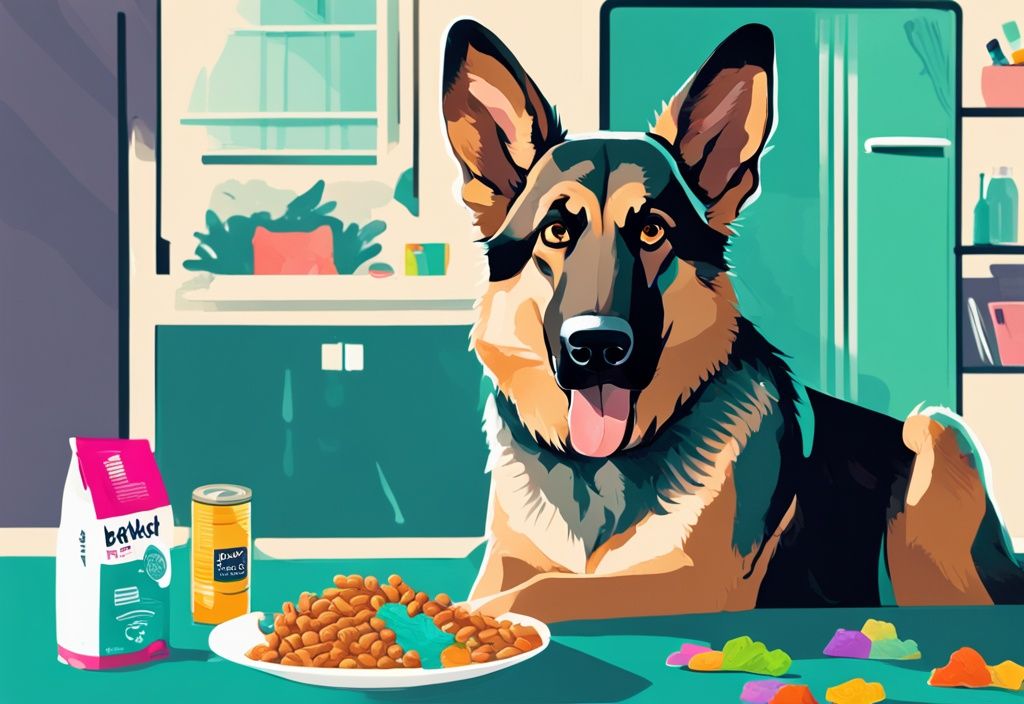 Modern digital painting of a German Shepherd enjoying colorful dog food with branded packets in the background, teal color theme.