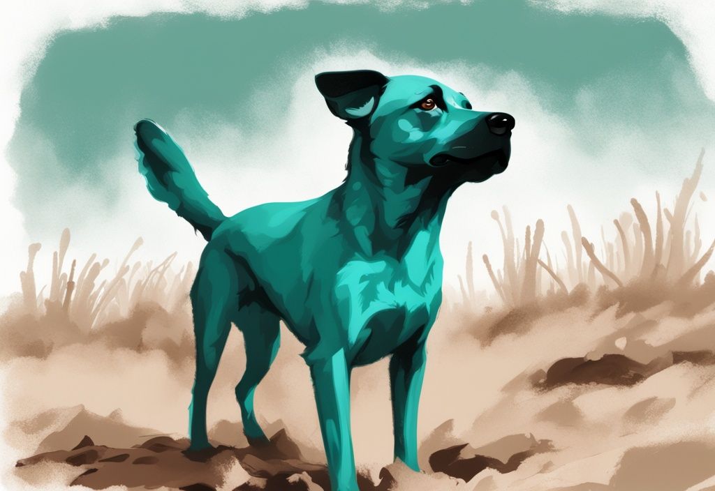 Teal-themed digital painting of a dog is dry heaving but acting normal, showcasing alertness in a modern art style.