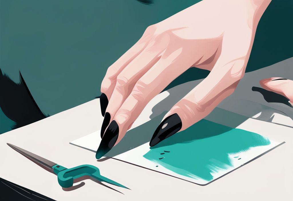 Modern digital painting of a dark-furred dog paw with black nails being trimmed by a professional nail cutter, teal color theme.