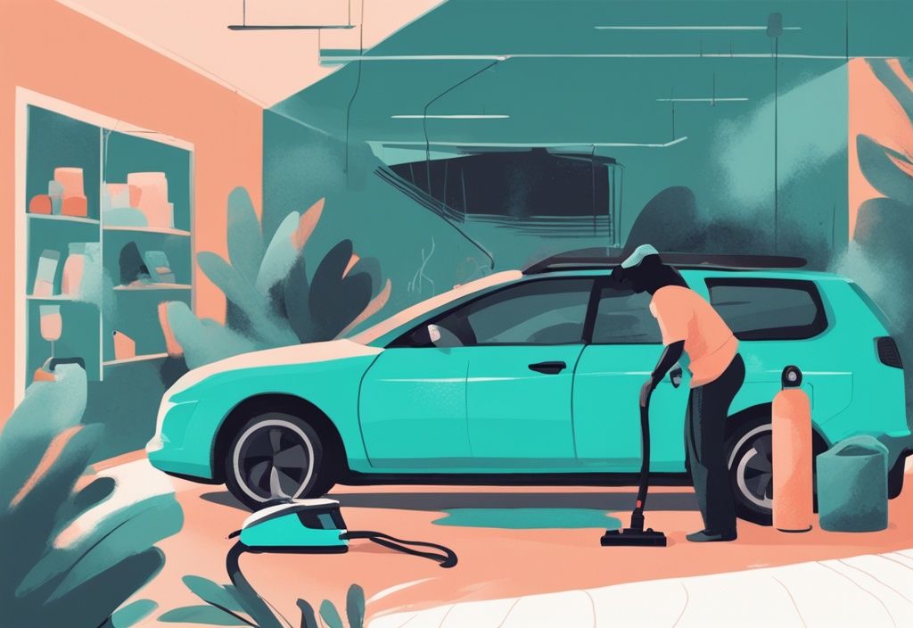 Modern digital painting of a person using a specialized vacuum cleaner to demonstrate how to get dog hair out of the car interior, featuring a teal color theme.