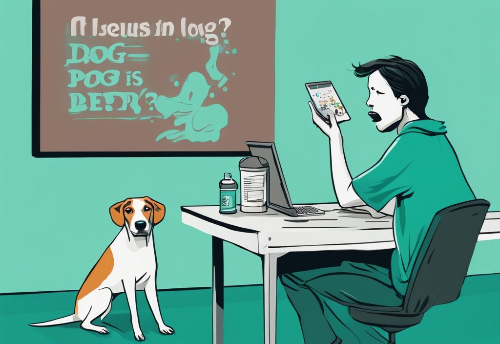 Modern digital painting of a worried dog owner consulting monitor with "Why is my dog pooping so much?" text, teal color theme, dietary items, dog bowl in background.