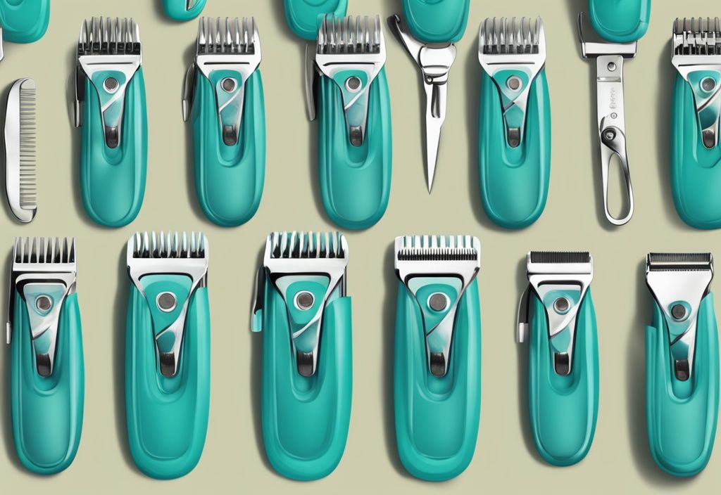 Modern digital painting of top-rated dog nail clippers in teal theme, showcasing ten diverse designs with unique features and color accents.