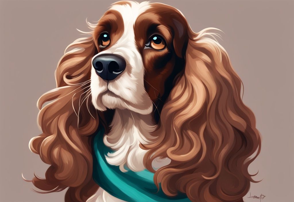 Modern digital painting of Lady from Disney's "Lady and the Tramp," featuring an elegant American Cocker Spaniel with teal theme, long silky ears, deep brown eyes, and rich rusty-colored coat.