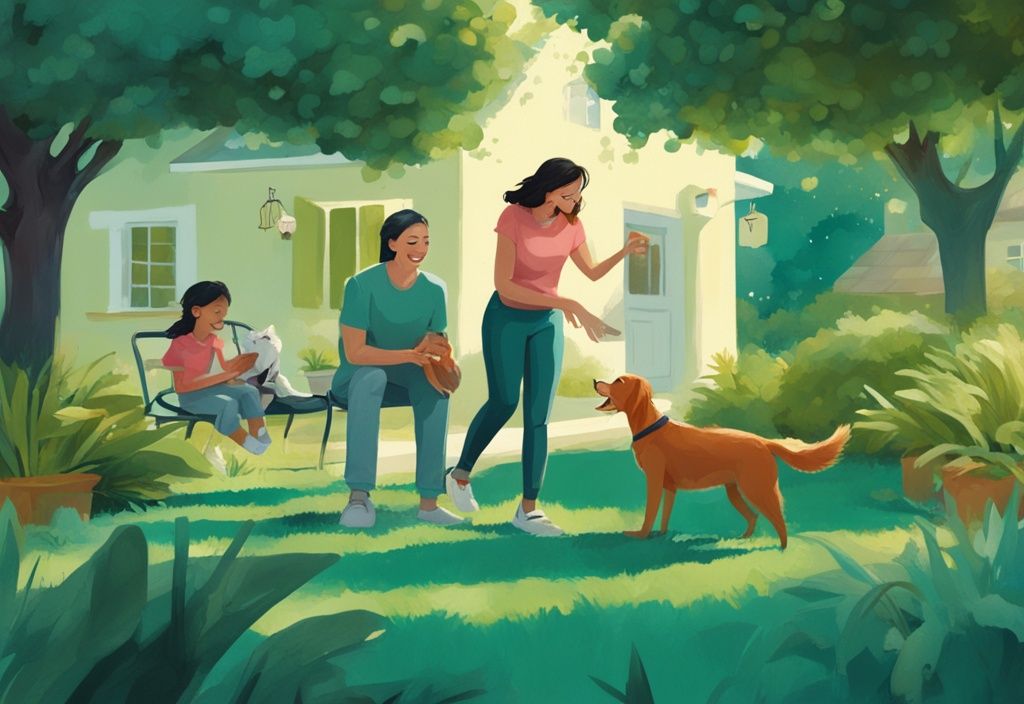 Modern digital painting of a family playing with pets in a green yard, teal theme, calendar showing time after pesticide application.