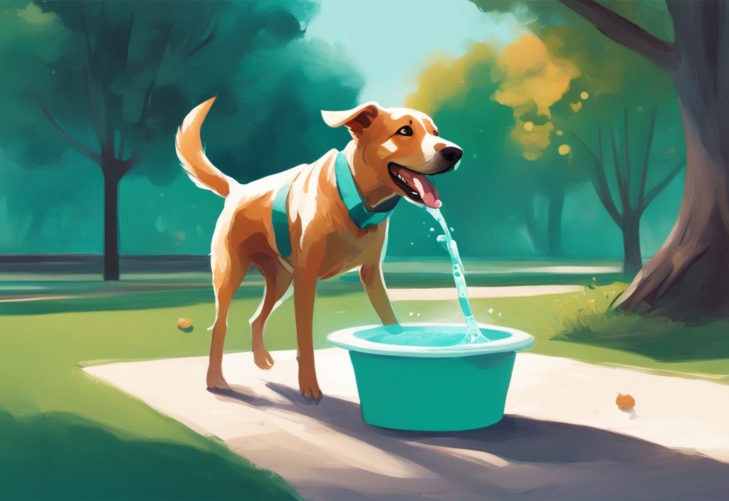 Energetic dog playing fetch in park with a teal color theme, featuring a water bowl filled with electrolytes for dogs.