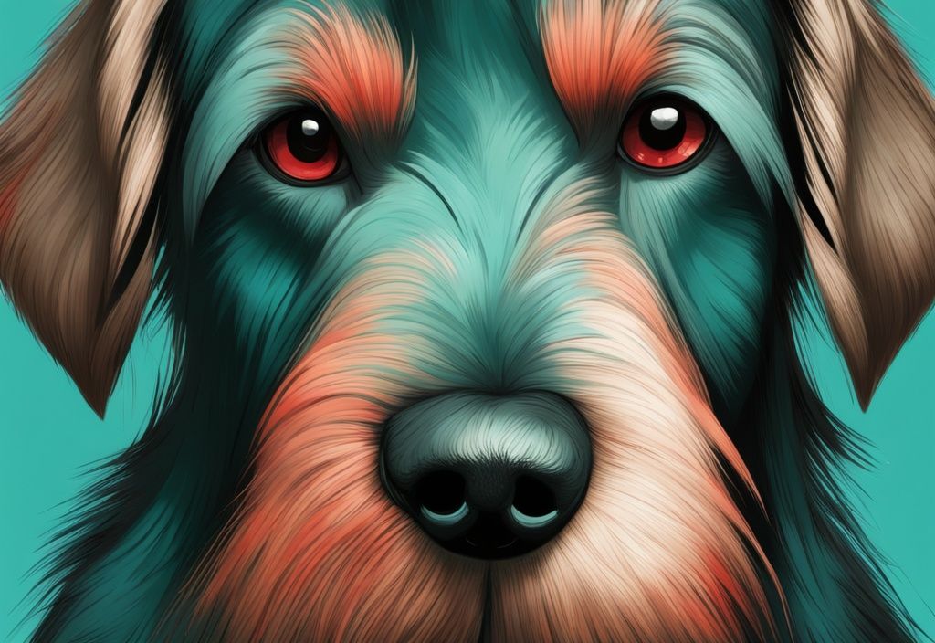 Close-up digital painting of a dog's fur with circular hair loss and red rings, illustrating ringworm infection, teal color theme.