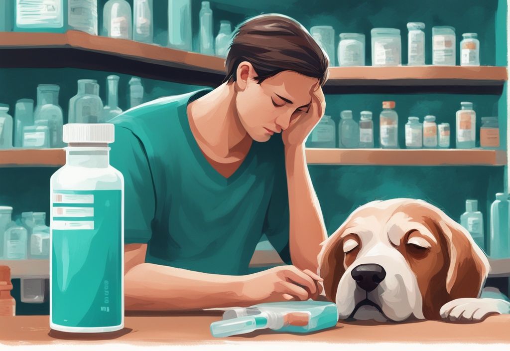 Teal-themed digital painting of worried pet owner reading medication label with sleeping dog in background